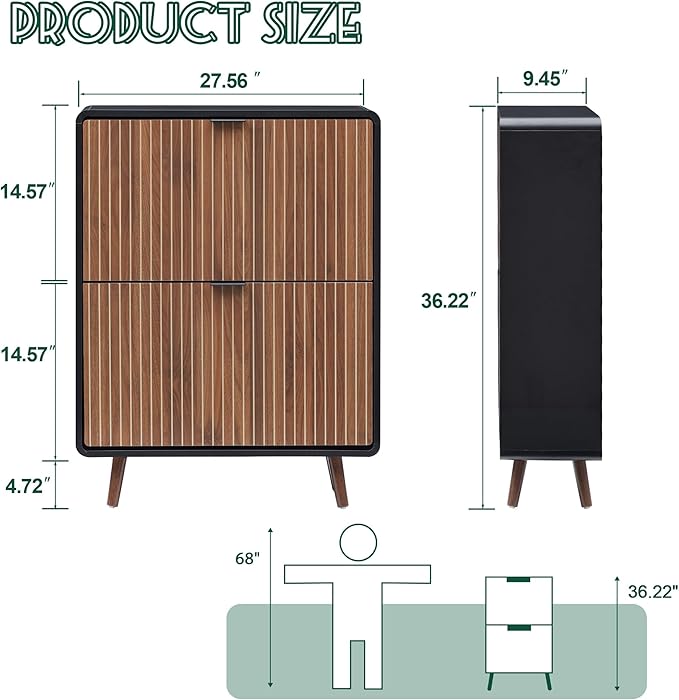 Fluted Shoe Cabinet Storage for Entryway,Slim Shoe Cabinet with 2 Flip Drawers, Narrow Shoes Rack Organizer (All Walnut, 2 Drawers)