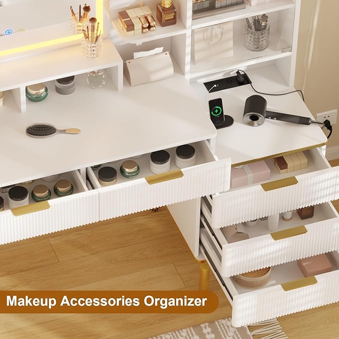 Lighted Vanity Desk with Mirror & Lights – Compact Vanity with5 Drawers ， Built-in Power Strip & USB, Adjustable Shelves, Fluted Panel Design, Makeup Organizer with Storage Shelf for Bedroom,White