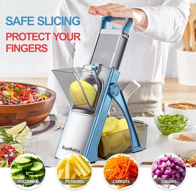 SupMaKin Upgrade Safe Mandoline Slicer Plus, Vegetable Chopper, Potato Slicer, Food Slicer Onion Chopper, Fry Cutter, Veggie Salad Dicer Kitchen Chopping Artifact Gifts (Blue)