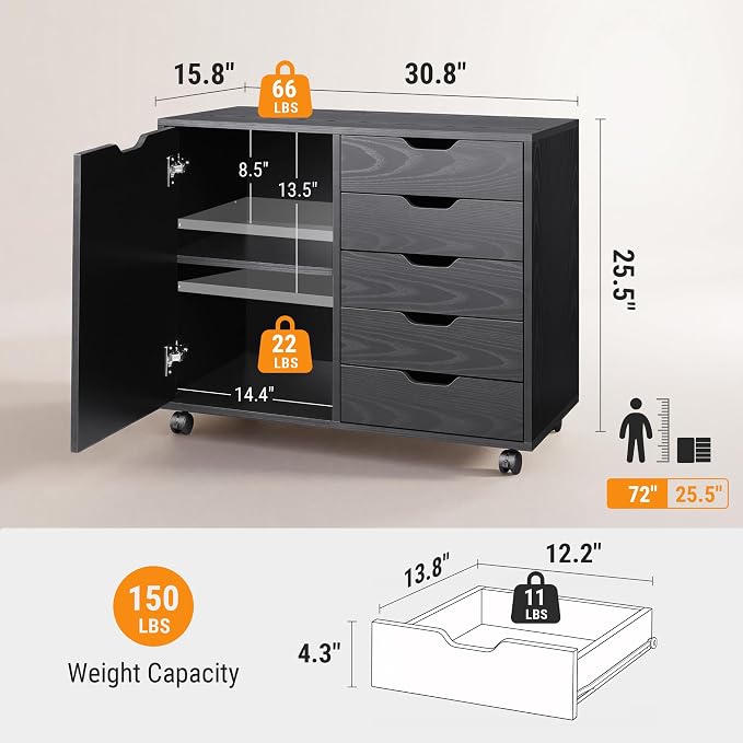 DEVAISE Mobile File Cabinet, 5-Drawer Wood Storage Chest with Door, Printer Stand for Home Office, Black