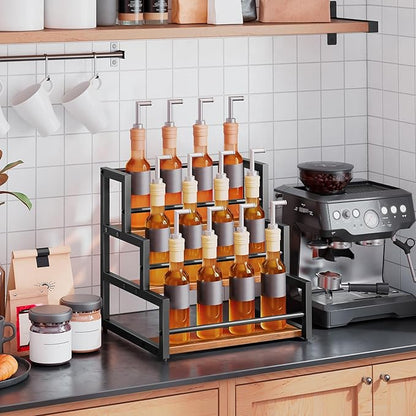 HOOBRO Coffee Syrup Rack Organizer, 3-Tier 12-Bottle Syrup Holder Stand for Coffee Bar, Wine Rack Countertop Storage Rack for Syrup, Wine, for Kitchen Coffee Station, Rustic Brown and Black BF38JJ01