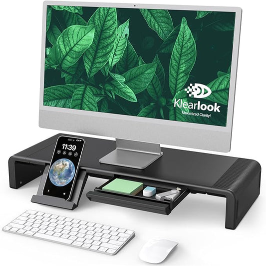 Klearlook Computer Monitor Stand for Desk, Adjustable Foldable Monitor Riser with Storage Drawer & Tablet Phone Holder for Office, Home, Laptop, Desktop (Black)