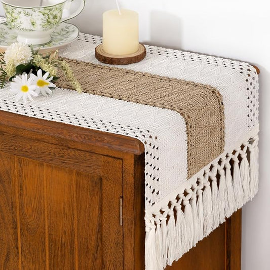 Socomi Boho Table Runner Valentine's Day Farmhouse Rustic Dining Kitchen Centerpiece Decor Small Macrame Woven Cotton Linen Coffee Table Runner for Dresser Scarf Home Decor 12x60 inch