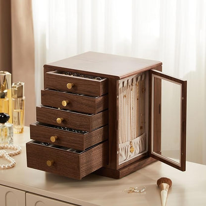 Black Walnut Wooden Jewelry Box - 360° Rotating Jewelry Organizer for Women with 5 Drawers for Rings,Necklaces,Earrings and Bracelets -Large Storage Case - Christmas Gift idea