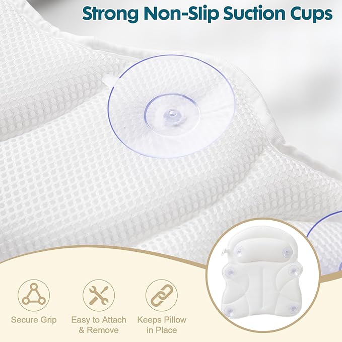 Bath Pillow Bathtub Pillow, Luxury Bath Pillows for Tub with Head, Neck & Back Support, 4D Air Mesh Bath tub Pillow with Extended Wings, Non-Slip Suction Cups Relaxing Spa Gift for Woman