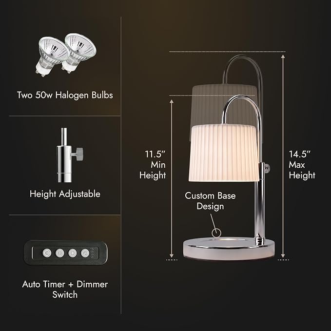 Dimmable Glass Candle Warmer Lamp with Timer - Adjustable Height Candle Lamp Warmer with Timer (8H/4H/2H) - Wax Melter - Ideal Gift, fits Various Size Scented Candles - 02 Bulb - (Silver Chrome)