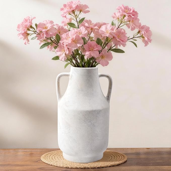 Ceramic Flower Vase with Handles – 11 Inch Tall Rustic Farmhouse Centerpiece Vase, Distressed Terracotta Style Decorative Vase, Living Room, Dining Table, Entryway & Fireplace Home Decor, White