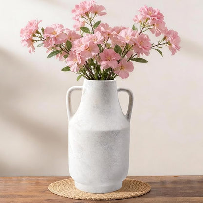 Ceramic Flower Vase with Handles – 11 Inch Tall Rustic Farmhouse Centerpiece Vase, Distressed Terracotta Style Decorative Vase, Living Room, Dining Table, Entryway & Fireplace Home Decor, White