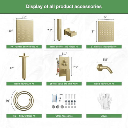 VANFOXLE Shower Faucet Set Brushed Gold Shower System, Push Button Diverter Shower Faucet with Trim Kit, Ceiling Mount 10 Inch Shower Head Increased Thick, 6 Inch Side Shower Head, 2-in-1 Handheld