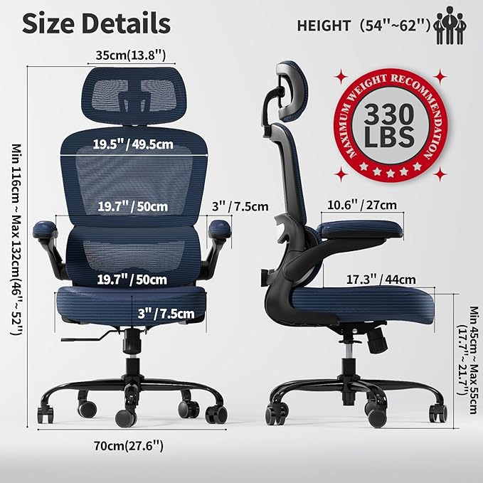 TRALT Ergonomic Office Chair - Desk Chair with Adjustable Headrest Lumbar Support Computer Chair - Mesh Comfy Chair with Flip-up Armrests - Gaming Chairs for Adults Home Office (Leather, Navy Blue)