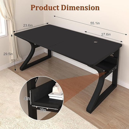 Computer Desk, 55'' Home Office Desks Computer Desk w/Storage Shelf, Study Writing Desk w/U Shaped Metal, Cable Management, Work Table w/Water-Resistant Deeper Thicker Desktop for Home Office