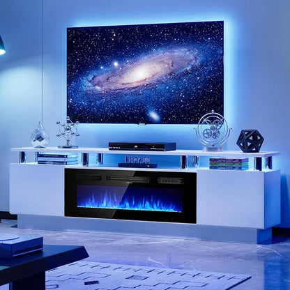 90" TV Stand for Living Room, Large Entertainment Center & Media Console, Fits TVs up to 100", Storage Cabinet with Shelves, 50" Electric Fireplace, White & Black