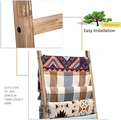 FUIN 6.4ft Extra Wide Wooden Blanket Ladder Living Room Decorative Wal Leaning Farmhouse Quilt Display Holder Rustic Wood Towel Rack for Bathroom, Burnt Brown, 24 inch Wide with 11 Rungs