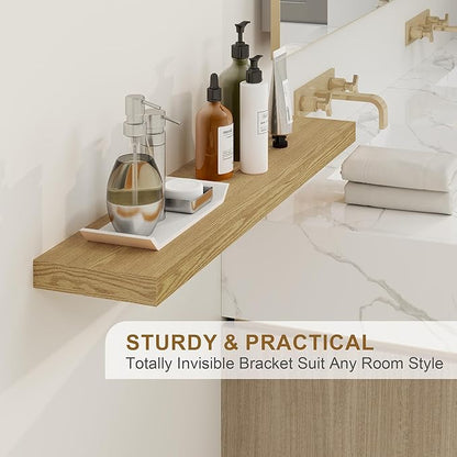 Fun Memories 72Inch Floating Shelves,Wall Mounted Rustic Wood Floating Shelf with Invisible Brackets for Storage & Decor,2 Pack Shelves for Bathroom,Bedroom and Kitchen,Oak