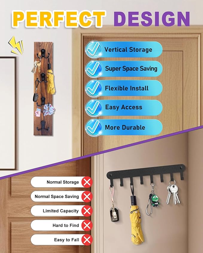 UCEC Vertical Key Holder Wall Mount with Hooks, Space-Saving Wooden Key Holder for Wall, Easy Install Home Organizer for Keys, Wallets, Pet Leashes – Perfect for Living Room Decor, Entry, Garage