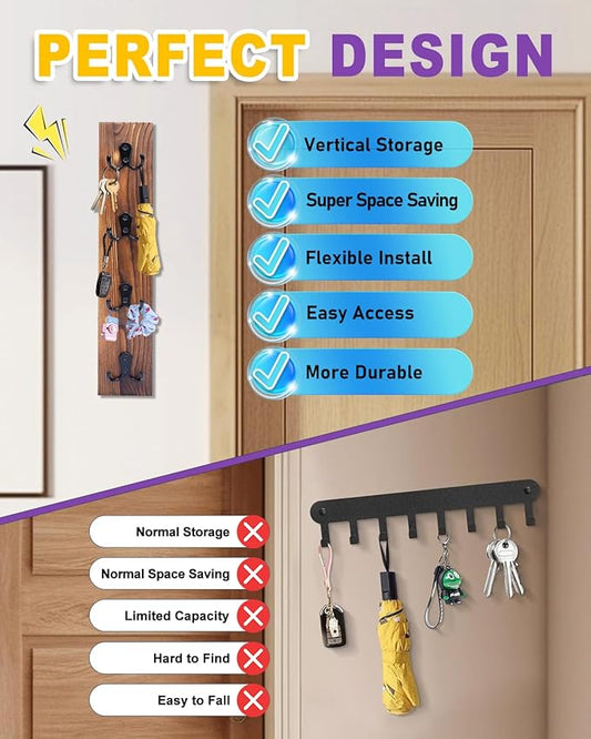 UCEC Vertical Key Holder Wall Mount with Hooks, Space-Saving Wooden Key Holder for Wall, Easy Install Home Organizer for Keys, Wallets, Pet Leashes – Perfect for Living Room Decor, Entry, Garage