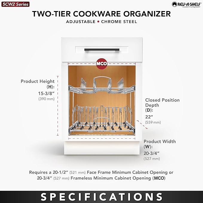 Rev-A-Shelf 2-Tier Kitchen Cabinet Pullout, Cabinet Organizer for Pots, Pans, and Lid Cookware, Adjustable Heavy Duty Wire, Chrome, Min Opening Width of 20.5", 5CW2-2122-C