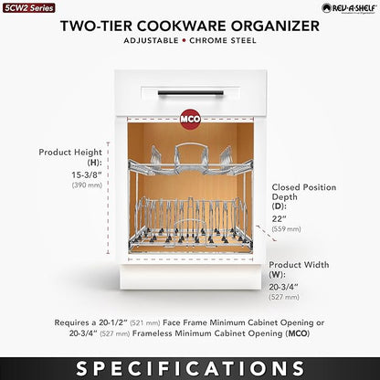 Rev-A-Shelf 2-Tier Kitchen Cabinet Pullout, Cabinet Organizer for Pots, Pans, and Lid Cookware, Adjustable Heavy Duty Wire, Chrome, Min Opening Width of 20.5", 5CW2-2122-C