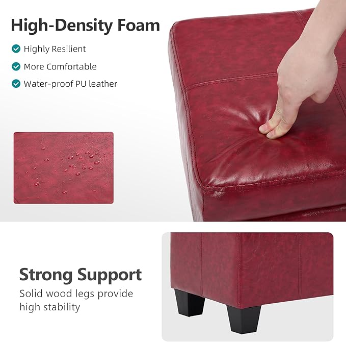 41" Storage Ottoman Bench, Faux Leather Storage Foot Rest with Safety Hinge, Load up to 660 lb Upholstered Tufted Entryway Bench with Seating for Living Room, Bedroom, Wine Red