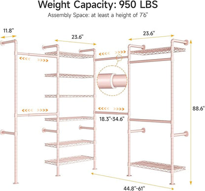 ONBRILL L4 Wall Mounted Industrial Pipe Clothing Rack, Closet Organizer System with 6 Hanging Clothes Rods ( 4 Expandable Rods) & 8 Shelves, Heavy Duty Corner Garment Rack, Large Wardrobe - Pink