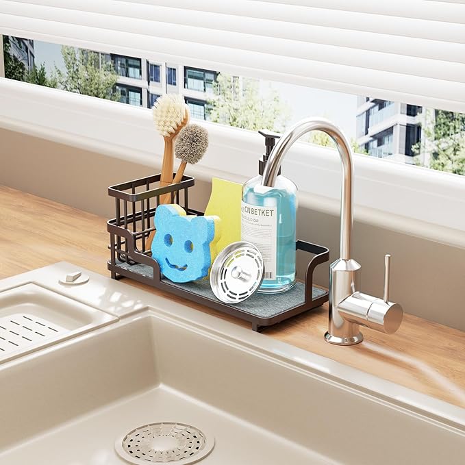Consumest Sponge Holder for Kitchen Sink - Sink Caddy Organizer with Water Absorbing Stone Tray, Detachable Brush Holder, Stainless Steel Kitchen Counter Organizer Rack, Bronze