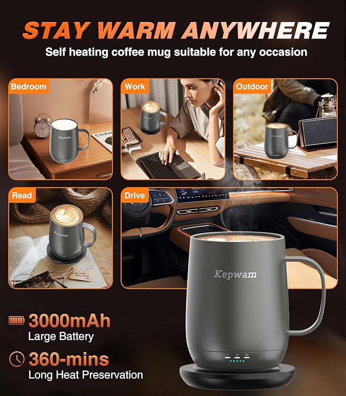 Kepwam Self Heating Coffee Mug T2, 16oz Smart Heated Coffee Mug, 150 Min Battery Life - Hot up to 149℉ Temperature Control Coffee Mug Warmer, Gifts for Dad Mom (No APP)