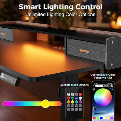 Electric Standing Desk with Drawers, 63 Inch Height Adjustable Desk with Power Outlets & LED Lights, Sit Stand Table with Monitor Stand for Home, Office, Black