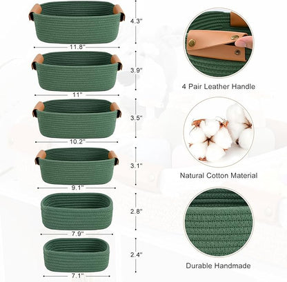 Storage Baskets for Organizing, Small Woven Basket Set of 6-4 Shelf Basket with Leather Handle and 2 Small Gift Baskets, Cotton Rope Basket for Shelves, Nursery, Dog Toy, Bathroom