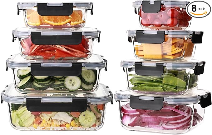 Wells Glass Meal Prep Containers, 8 Pack Glass Food Storage Containers Set with Airtight Locking Lids for Lunch, Fridge, Freezer, Dishwasher Safe, BPA-Free, Clear