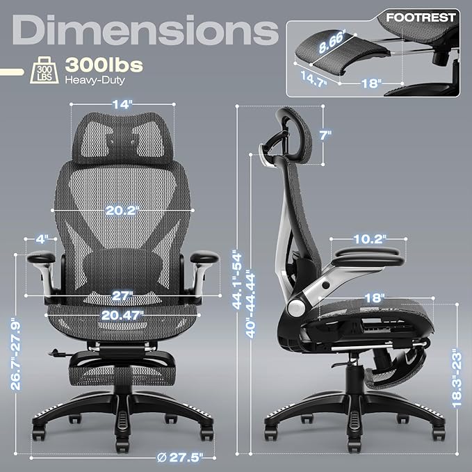 ELABEST X100 Ergonomic Mesh Office Chair with Footrest, Big and Tall Hone Desk Chair with 5D Flip-Up Arms, Adjustable 3D Lumbar Support,Gaming & Executive Computer Chairs
