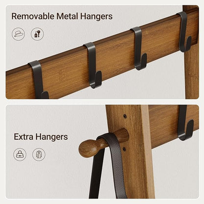 ELYKEN Blanket Ladder for Living Room, 5-Tier Wooden Towel Rack with Synthetic Leather Pocket, 4 Removable Hooks, Decorative Leaning Ladder Shelf for Bedroom, Walnut