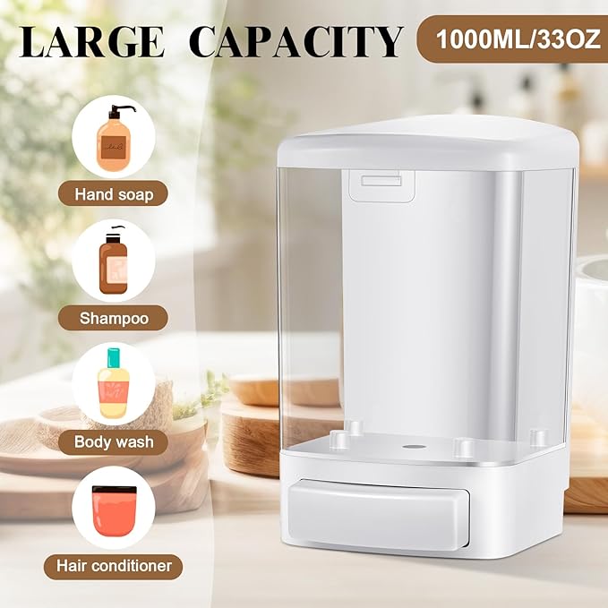 Hushee 2 Pcs Commercial Soap Dispenser Hand Wall Mounted Bathroom 33.8oz/1000ml Manual Soap Dispenser Liquid Containers with Pump White Shower Plastic Wash Wall Container Shampoo Gel for Kitchen Hotel