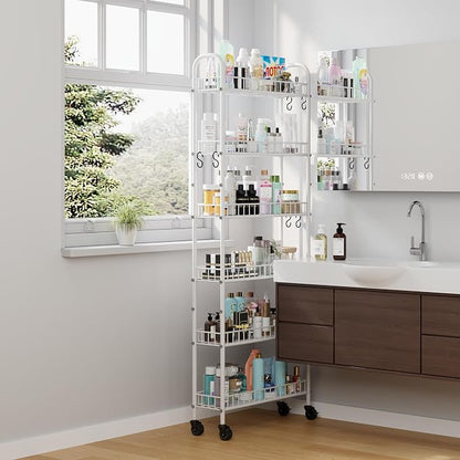 6 Tier Slim Rolling Storage Cart with Wheels, Metal Mobile Shelving Unit Organizer Utility Cart for Office Bathroom Kitchen Laundry Room Narrow Places (White 6 Inches)