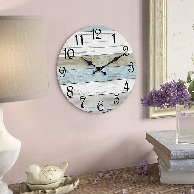 CHYLIN Wall Clock - 18 Inch Silent Non Ticking Wall Clocks Battery Operated, Wooden Rustic Farmhouse Larger Clock Decorative for Living Room, Kitchen (Blue)