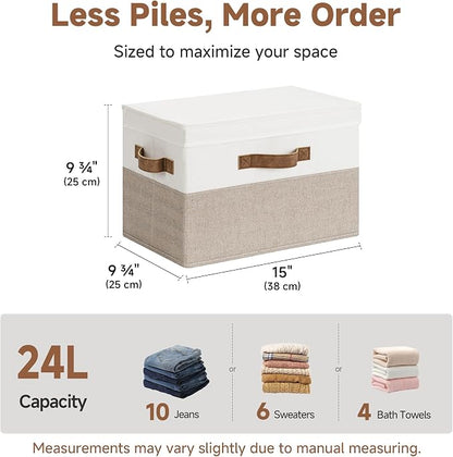 StorageWorks Fabric Storage Bins with Lid, Decorative Storage Boxes for Shelves, Stackable Closet Organizer Basket with Handles, Large, Brown and White, 2-Pack
