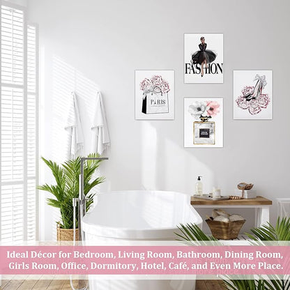 CoziTech Fashion Women Canvas Wall Art Framed, Modern Artwork for Girls Bedroom Wall Décor Pink Flowers Perfume Art Print Handbag High Heel Wall Picture, Gift for woman, Gift for Girls. Set of 4.