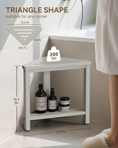 Shower Foot Rest 15in, HDPE Waterproof Shower Stool for Inside Shower, Corner Shower Stool for Shaving Legs with Storage Shelf for Small Space, Shower Step Stool, Plastic Corner Shower Bench, Beige