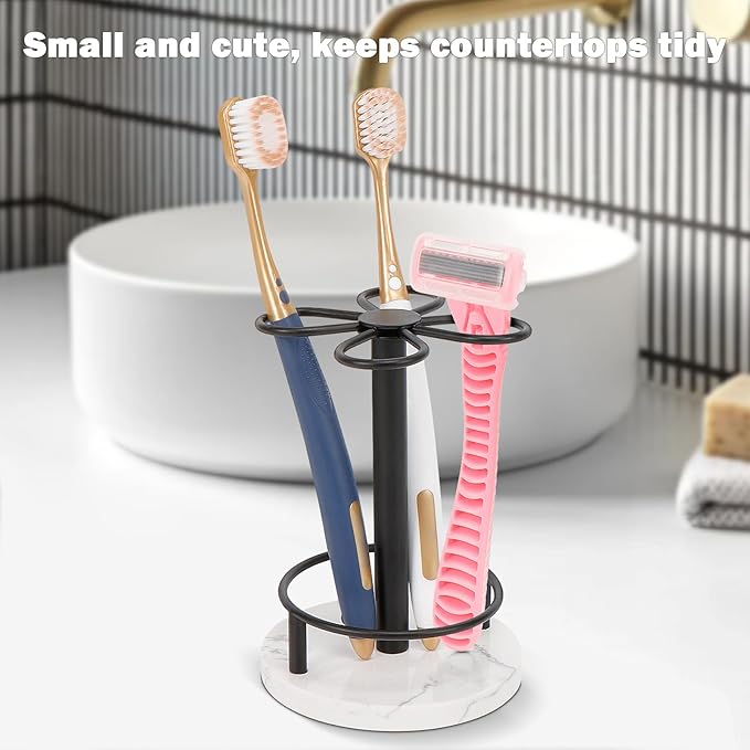 Toothbrush Holder Stand for Bathroom, Metal Toothbrush Organizer with Marble Base, Toothbrush Storage Collection for Family, Suitable for Home Hotel Countertop Vanity (Small, Matte Black)