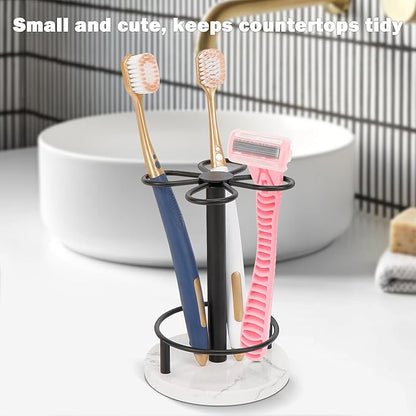 Toothbrush Holder Stand for Bathroom, Metal Toothbrush Organizer with Marble Base, Toothbrush Storage Collection for Family, Suitable for Home Hotel Countertop Vanity (Small, Matte Black)