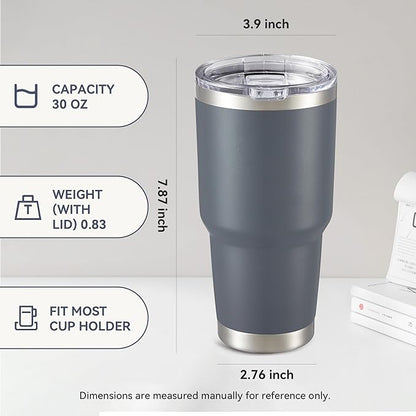 30 oz Tumbler with Lid Stainless Steel Tumblers Bulk Vacuum Insulated Cup Reusable Powder Coated Travel Mug Double Wall Leak Proof Cups Keep Cold Drinks for 12 Hours Gray, Set of 4