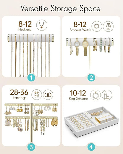 Vlando 3 Tier Necklace Holder Organizer with Tray, Leather Bracelet Holder Display for Women, Gold Jewelry Stand for Bracelet, Necklace, Earrings, Rings - White