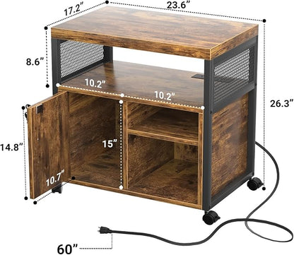Unikito Rolling File Cabinet, Lateral Filing Cabinet on Wheels Mobile Office Printer Stand with Door and Open Storage Shelf for A4, Letter Size and Hanging File Folders, Lockable, Rustic Brown
