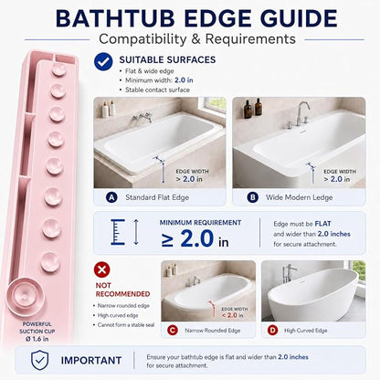 Bathtub Splash Guard for Tub Kids, Silicone Bath Toy Holder & Tub Side Tray with Suction Cups, Bath Tub Shelf for Kids, Bathtub Toy Storage, Pink