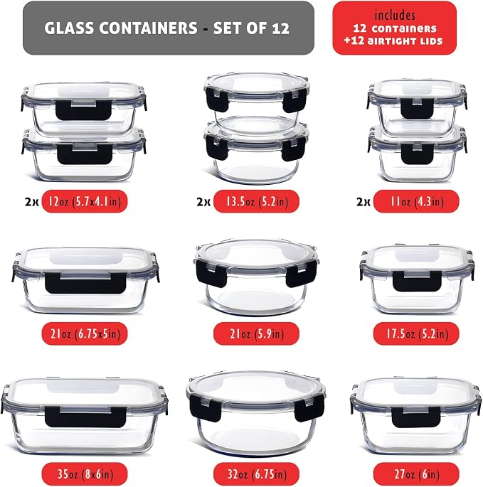 Nestl 24pc Glass Storage Containers with Lids, 12 Glass Food Storage Containers with 12 Airtight Lids for Pantry & Kitchen, Meal Prep Containers for Lunch, Oven Microwave & Dishwasher Safe, Black