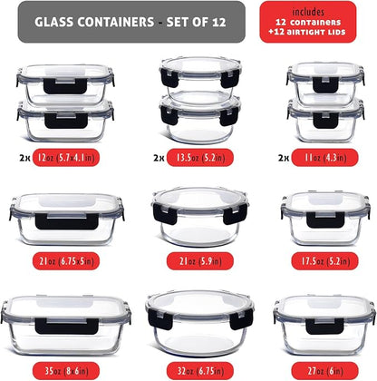 Nestl 24pc Glass Storage Containers with Lids, 12 Glass Food Storage Containers with 12 Airtight Lids for Pantry & Kitchen, Meal Prep Containers for Lunch, Oven Microwave & Dishwasher Safe, Black