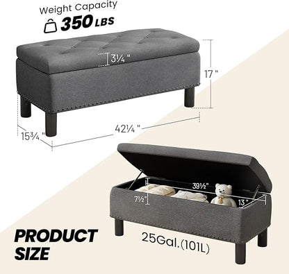 Furniliving Storage Bench, Upholstered Linen Ottoman Bench with Button-Tufted, Folding Bedroom Bench with Wood Legs, Entryway Bench for Bedroom, Grey