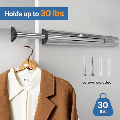 Valet Rod 14-Inch, Pull-Out Closet Clothes Closet Hanging RodMetal Telescoping Adjustable, Rust-Free Closet Hanging Clothes Hat Rack Rod (Mounting Screws Included)-Silver White
