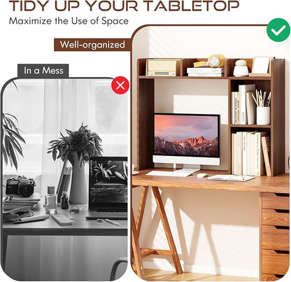 Tangkula Desktop Bookshelf, Countertop Storage Hutch with Shelves for Computer Desk, Desk 3-Tier Display Rack, Multipurpose Wood Desktop Hutch Storage Organizer for Dorm Office (Walnut,5 Shelves)