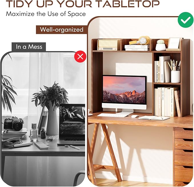Desk Hutch, Desktop Shelf with 5 Shelves, Desk Bookshelf w/Anti-Toppling Devices, Wood Table Top Bookshelf Organizer, Small Desk Shelf for Study, Office, Dorm (Walnut, 5 Shelves)