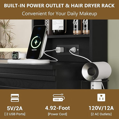 Makeup Vanity Desk with Lights, Fluted Vanity with 4 Drawers, Open Shelves, Power Outlet, LED Lighted Mirror, 3 Lighting Modes & Brightness Adjustable, Wood Dressing Table for Bedroom, Black